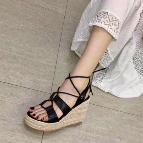 Ladies Wedge Sandals Leisure Strappy Platform Wedges High Heels Black High-Heele - Picture 1 of 9
